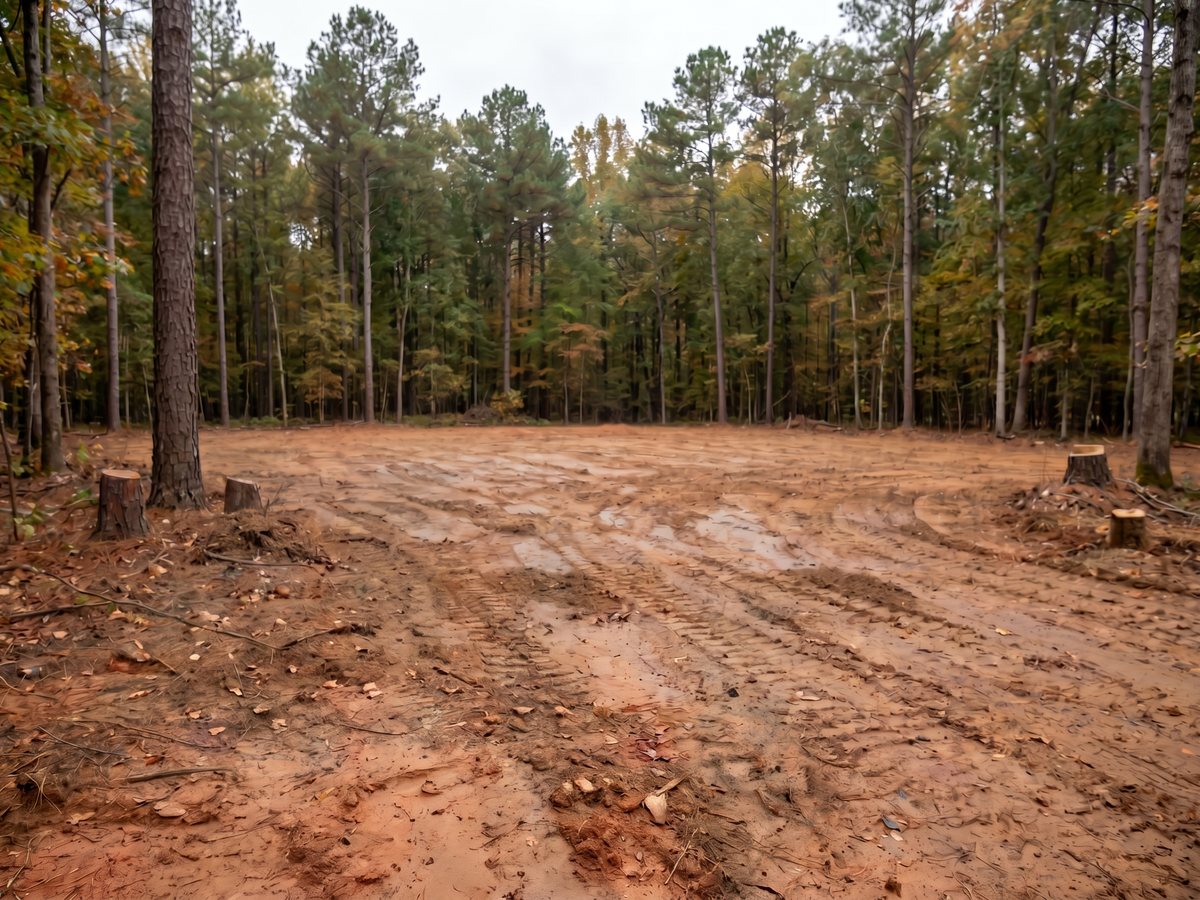 A freshly cleared, graded building lot in the wooded NC Triangle, ready for construction.