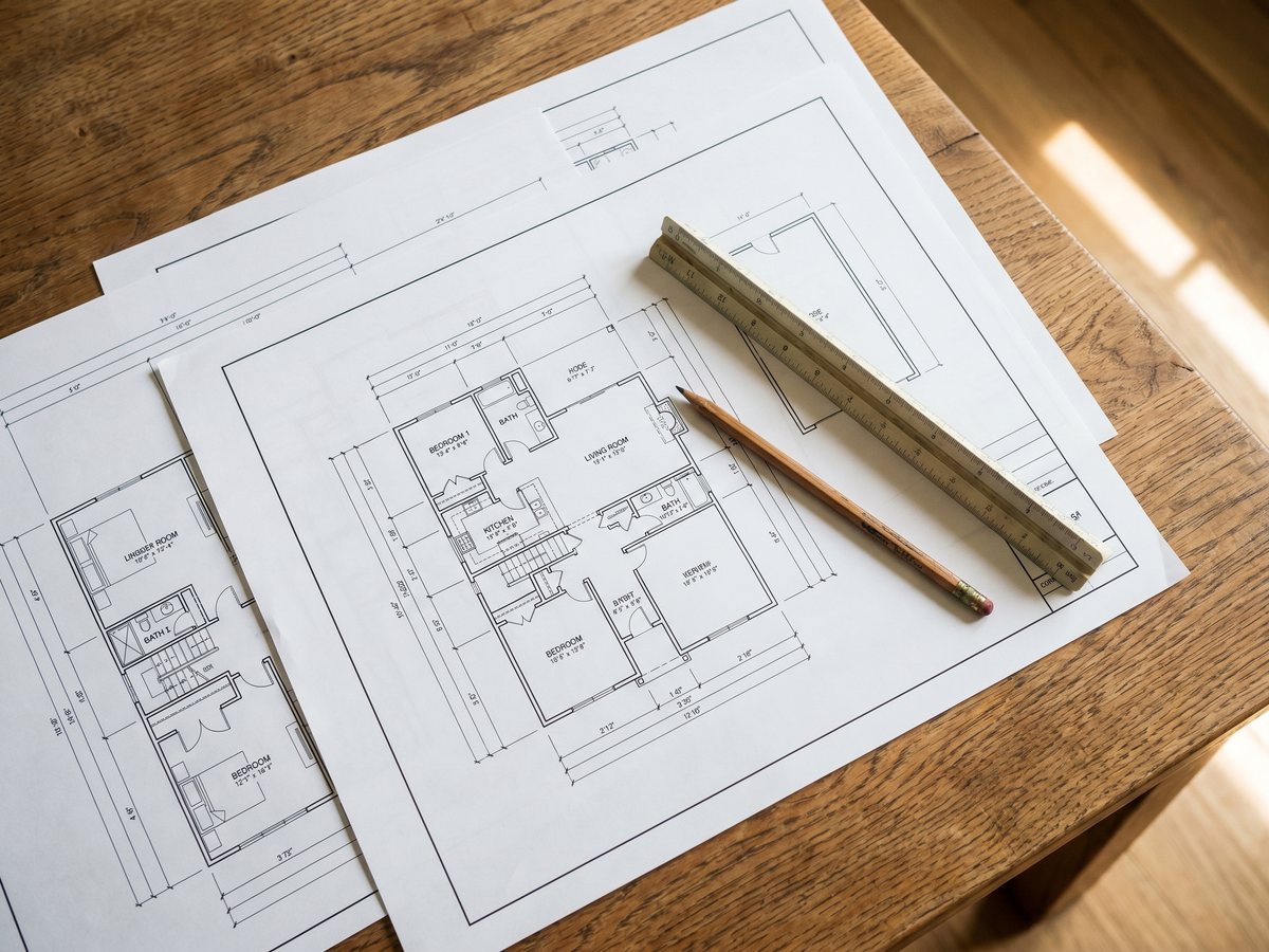 Overhead view of printed residential floor-plan blueprints on a table with an architect scale ruler and pencil.